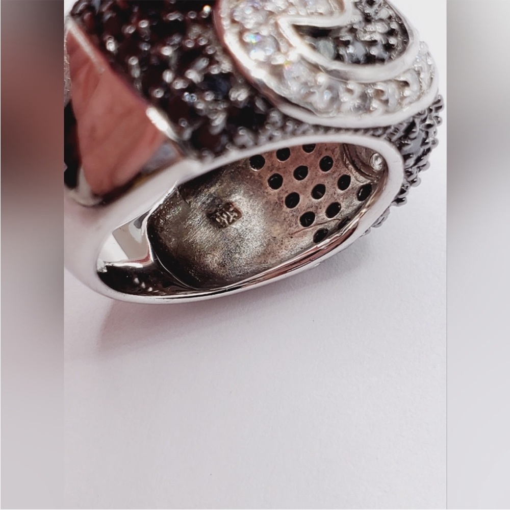 Black & White Diamond Simulant 925 Sterling Silver Rhodium Statement Design Ring - Picture 6 of 6